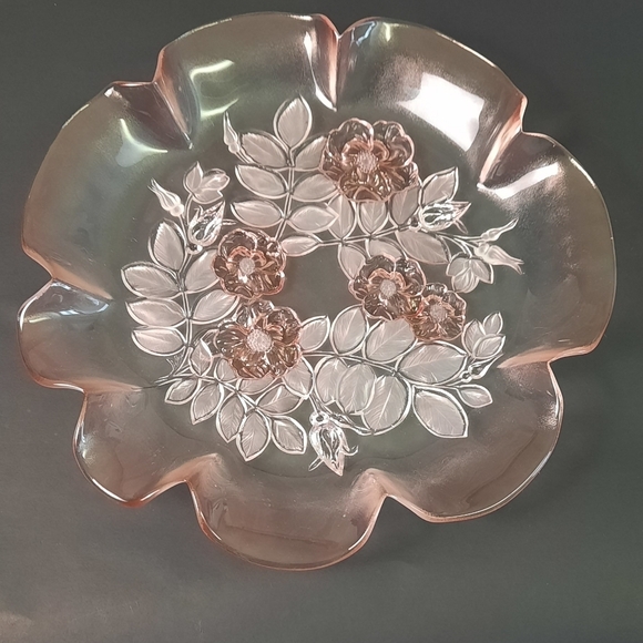 Mikasa Other - Mikasa Vintage Pink Crystal Glass Serving Platter Floral Design Ruffled Edge